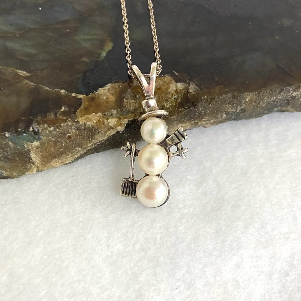 Sterling Silver 925 Dakota West Pearl Snowman Winter Pendant Necklace 18" Chain - Picture 11 of 16